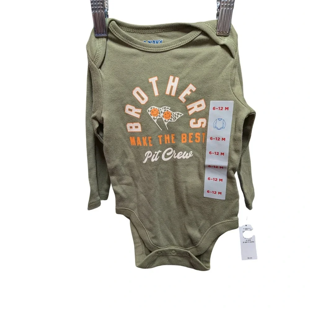 Old Navy Baby Boys Olive Green Brothers Pit Crew Long Sleeve Bodysuit 6-12M NWT
